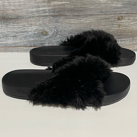 Pink Victoria’s Secret Black Fur Slides Sandals Slippers Size 7 / 8 - Picture 10 of 12